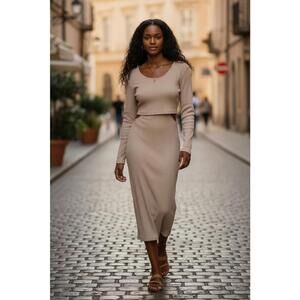 MINKPINK Beige Ribbed Long Sleeve Dress